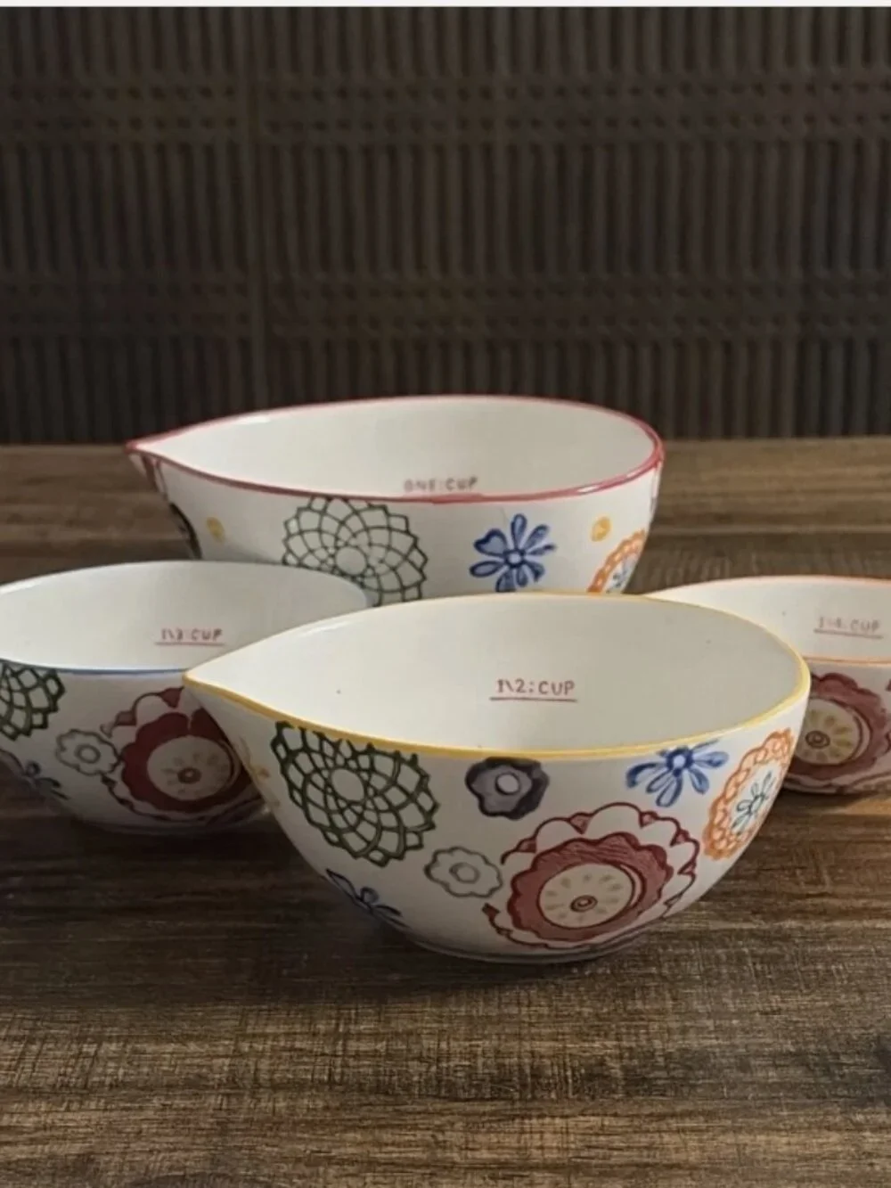 Pier 1 Imports Floral Hand Painted Stoneware Nesting Measuring Cups Set of 4